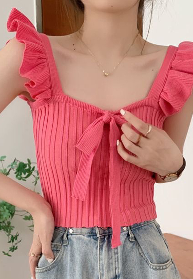 Solid color bow tie suspender knitted vest with ruffled top CA24050632W