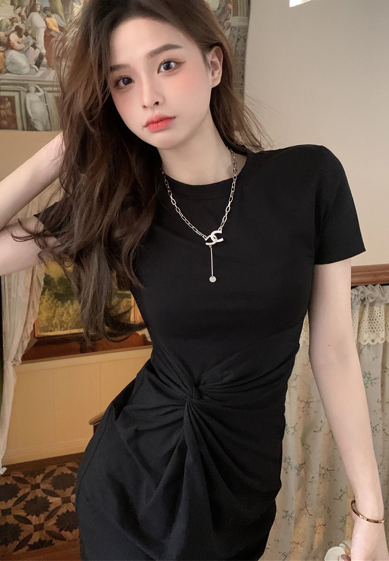 French high-waisted cotton long skirt with side slits CA24030732GY