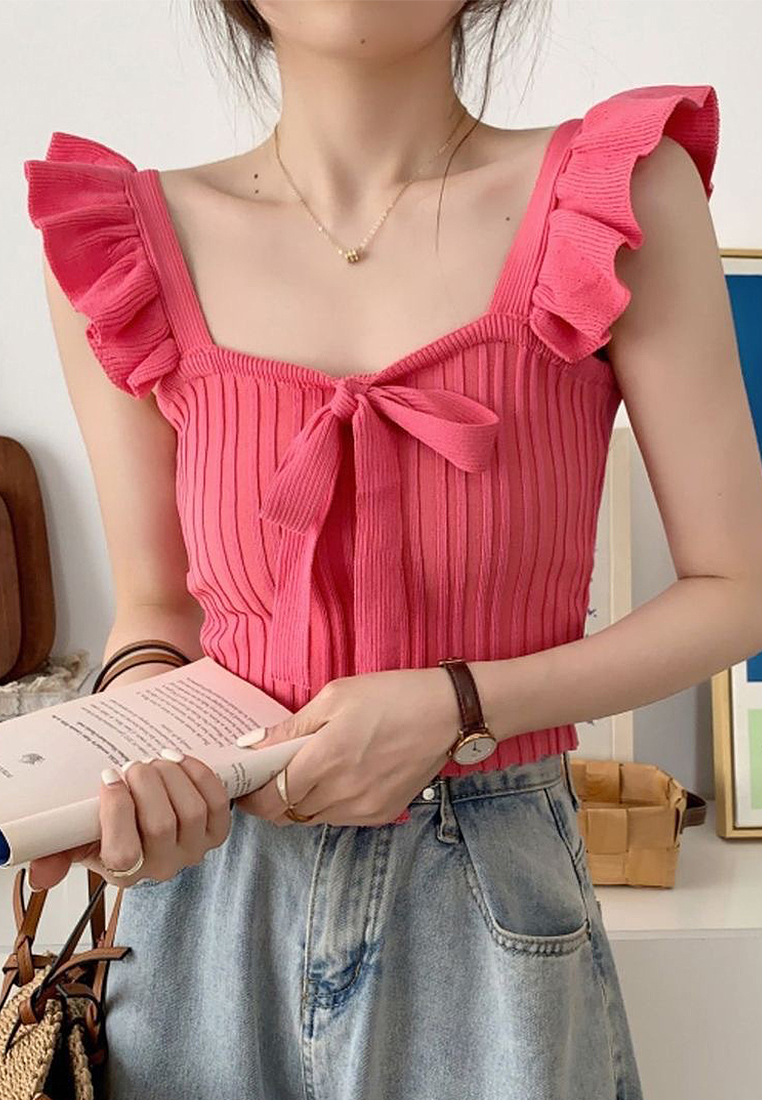 Solid color bow tie suspender knitted vest with ruffled top CA24050632W