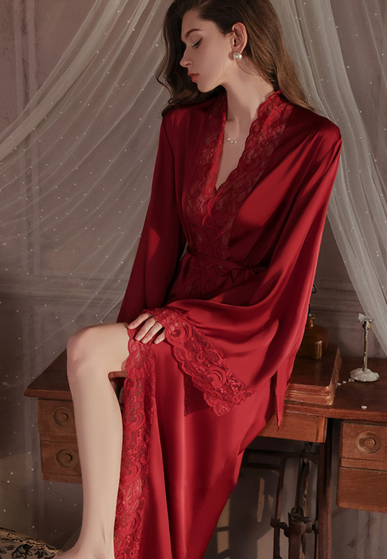Large size ice silk long lace outer robe suit CA24112032RD