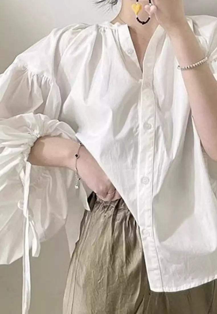 Korean loose and versatile lantern sleeve shirt CA24092719BL