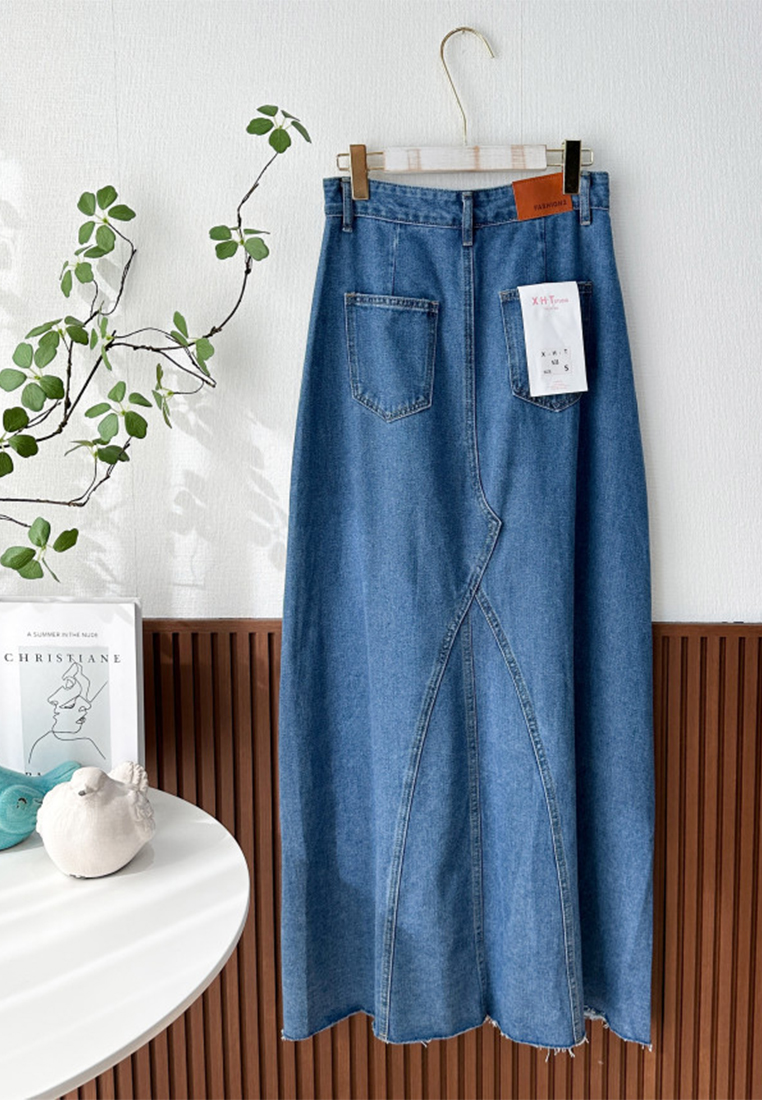 New French high waist split washed blue denim skirt CA25042932BL