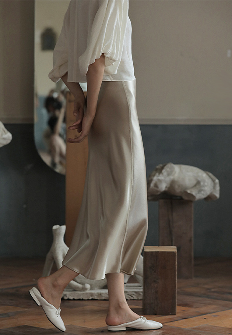 Summer New Satin Smooth A-Line Midi Skirt CA061334KI