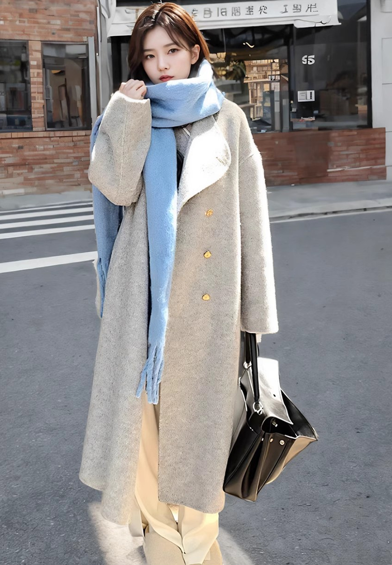 New loose-fitting double-breasted double-faced wool coat CA25102433GY