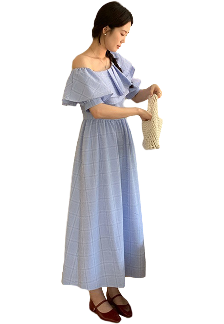 2024 Checkered Diagonal Shoulder Waist Dress CA24041033BL