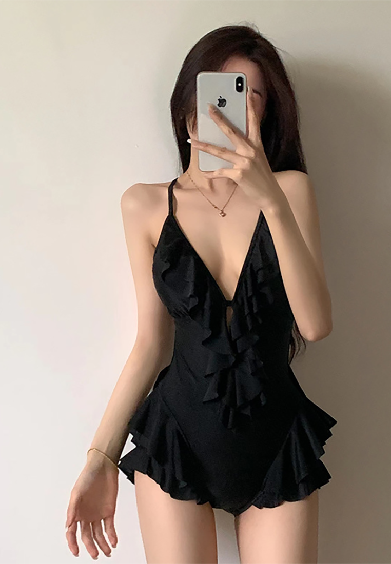 Korean solid color one-piece backless swimsuit CA25052333BK