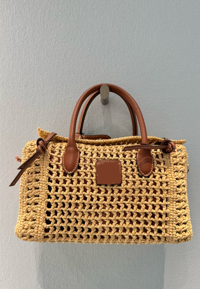 Vacation Style Crochet Woven Tote Bag with Leather Handles K26051912