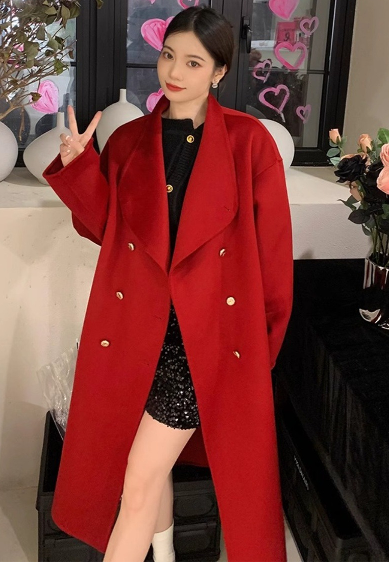 New loose-fitting double-breasted double-faced wool coat CA25102433GY