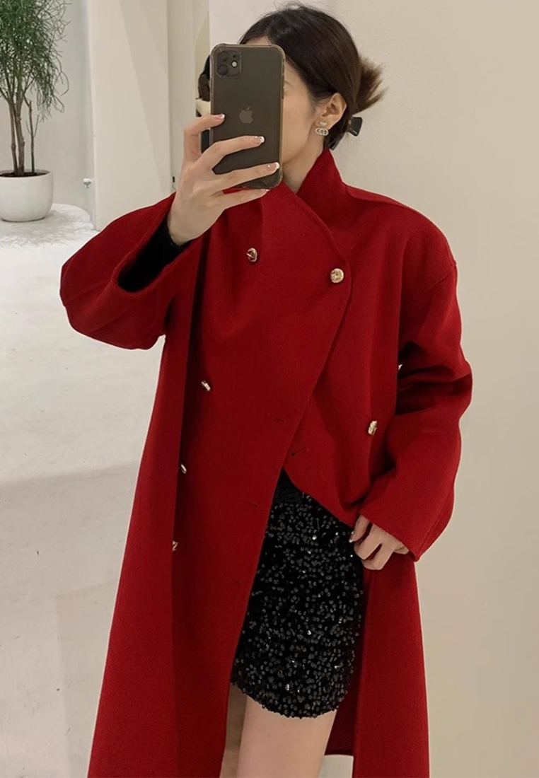 New loose-fitting double-breasted double-faced wool coat CA25102433GY