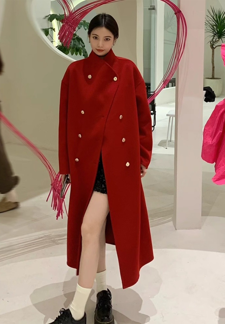 New loose-fitting double-breasted double-faced wool coat CA25102433GY