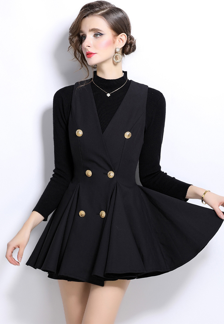 Black V-neck double breasted short skirt sweater two-piece set CA241128133BK