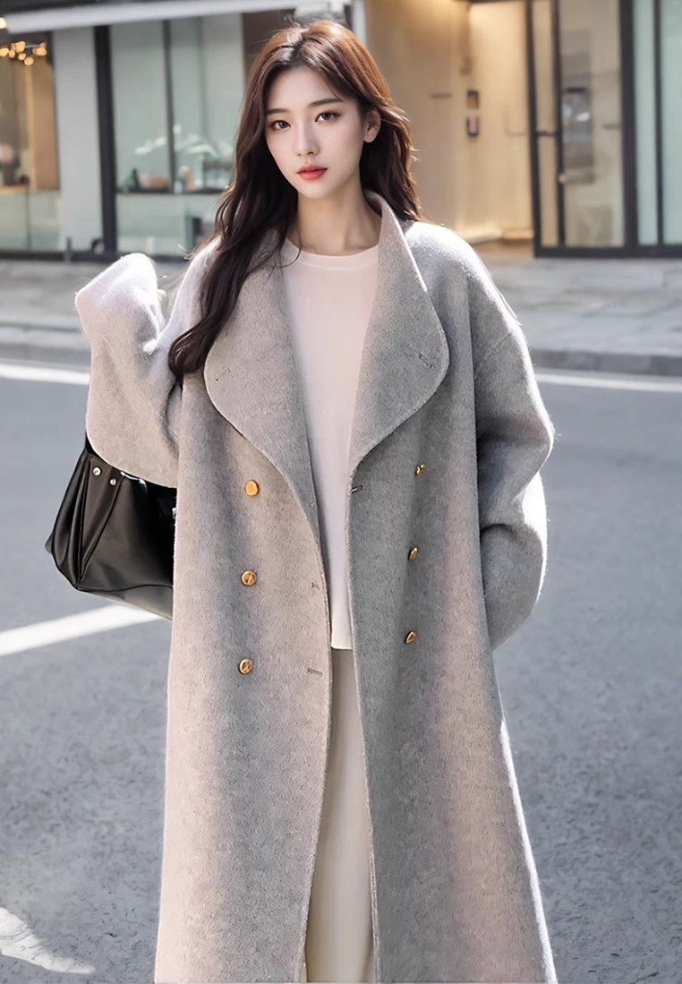 New loose-fitting double-breasted double-faced wool coat CA25102433GY