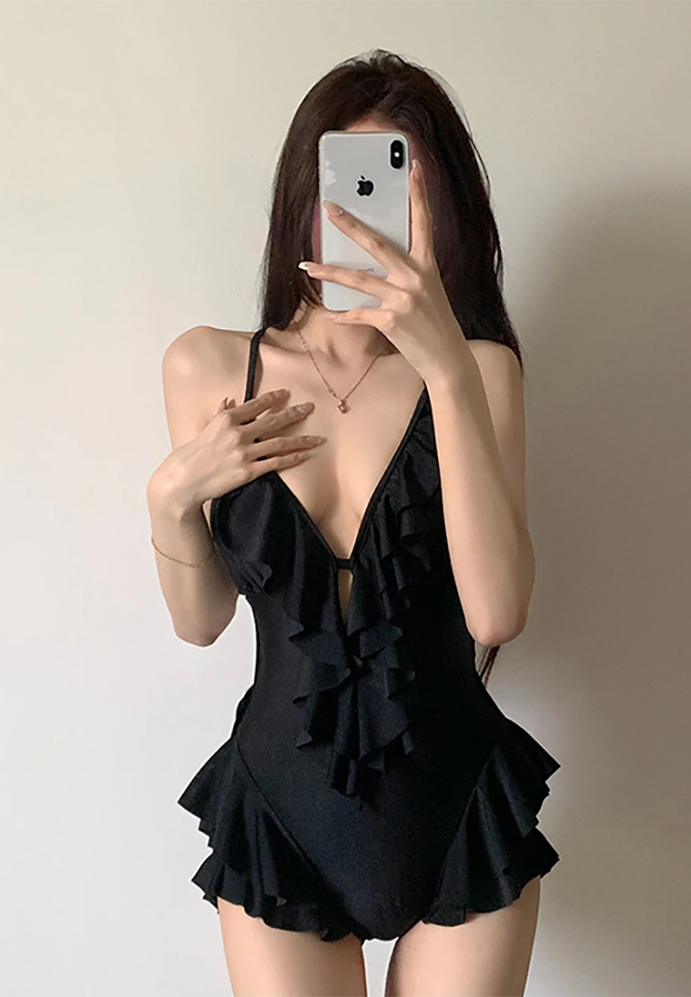 Korean solid color one-piece backless swimsuit CA25052333BK