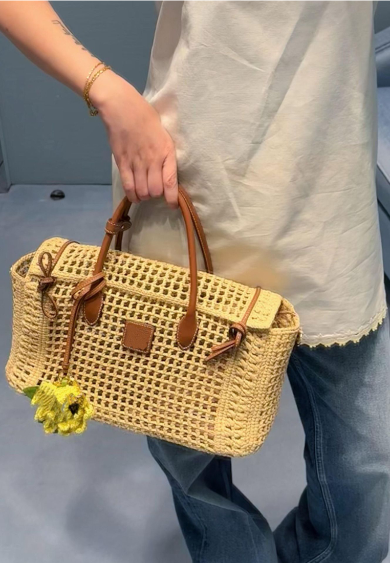 Vacation Style Crochet Woven Tote Bag with Leather Handles K26051912