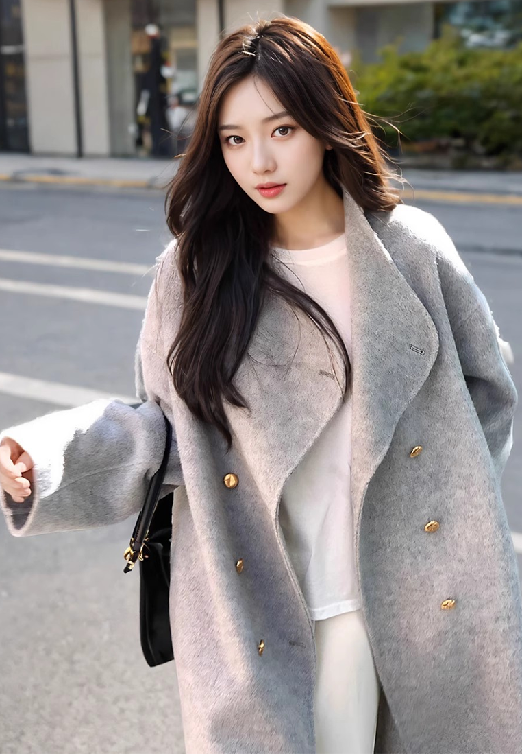 New loose-fitting double-breasted double-faced wool coat CA25102433GY