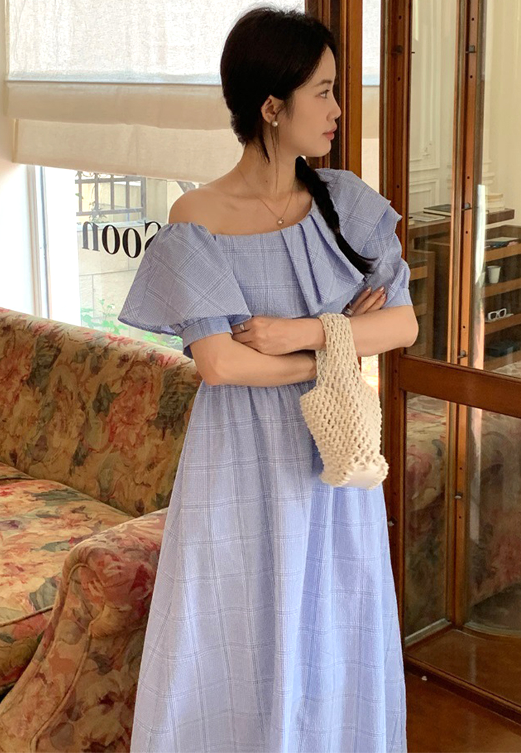 2024 Checkered Diagonal Shoulder Waist Dress CA24041033BL