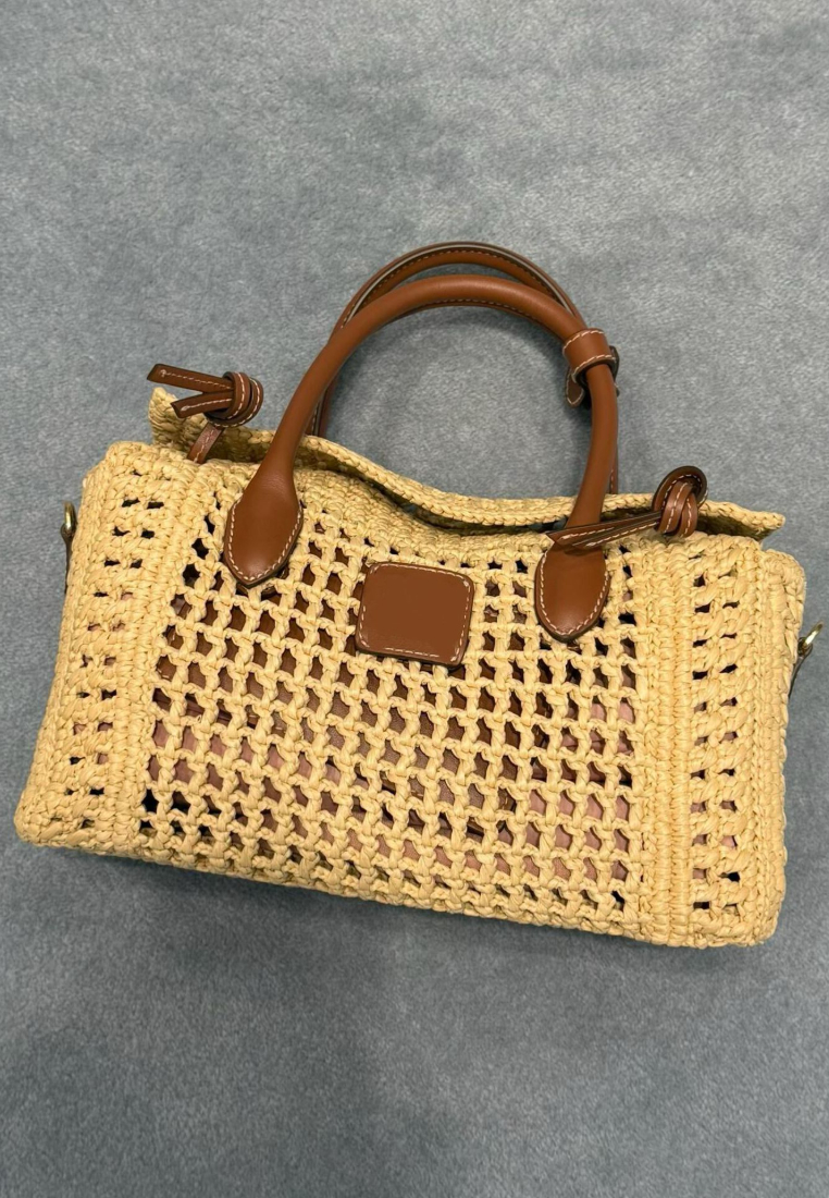 Vacation Style Crochet Woven Tote Bag with Leather Handles K26051912