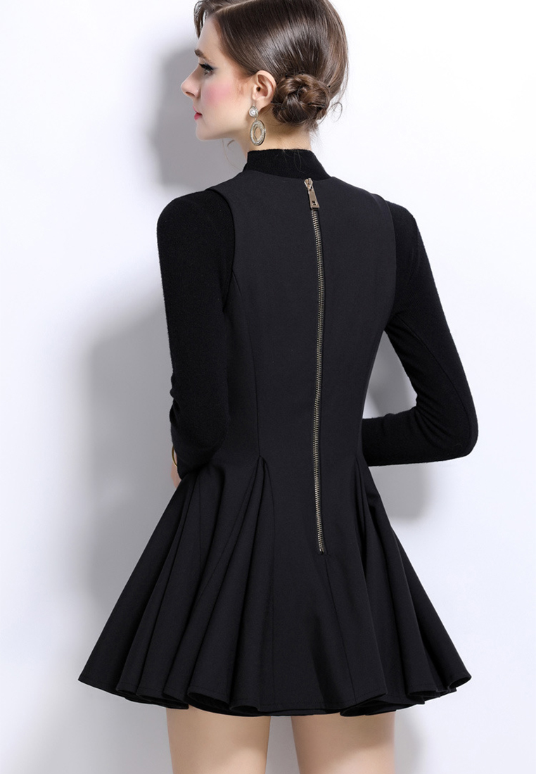 Black V-neck double breasted short skirt sweater two-piece set CA241128133BK