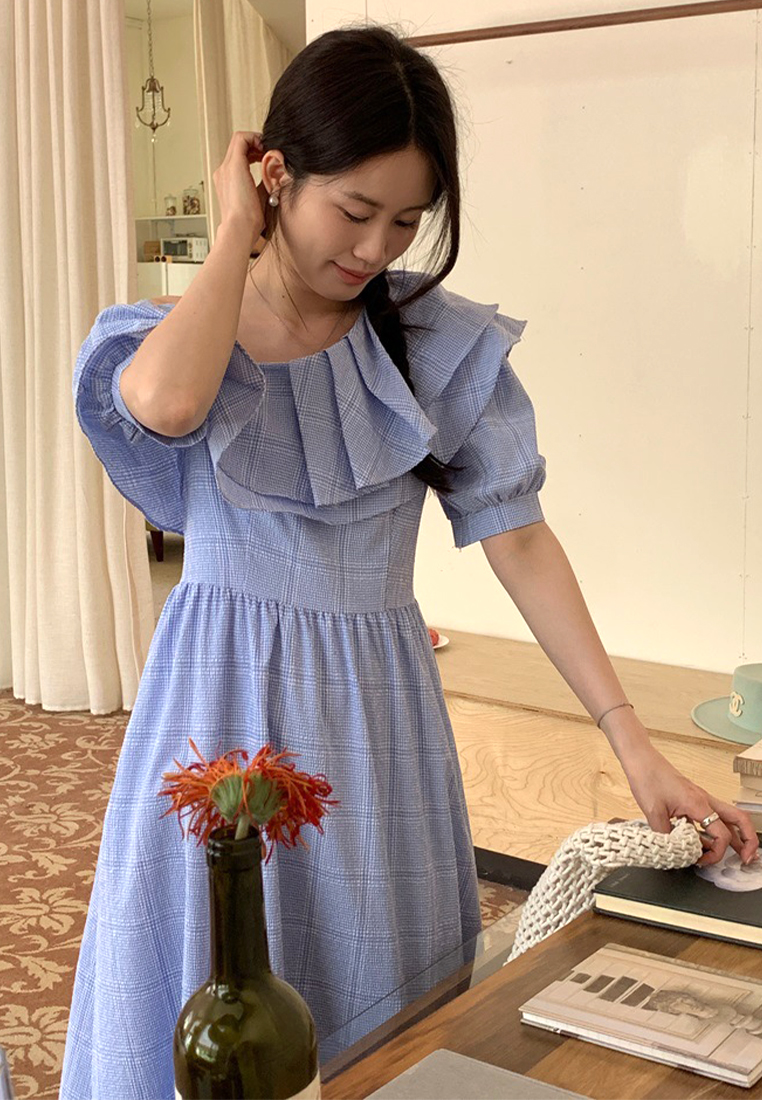 2024 Checkered Diagonal Shoulder Waist Dress CA24041033BL