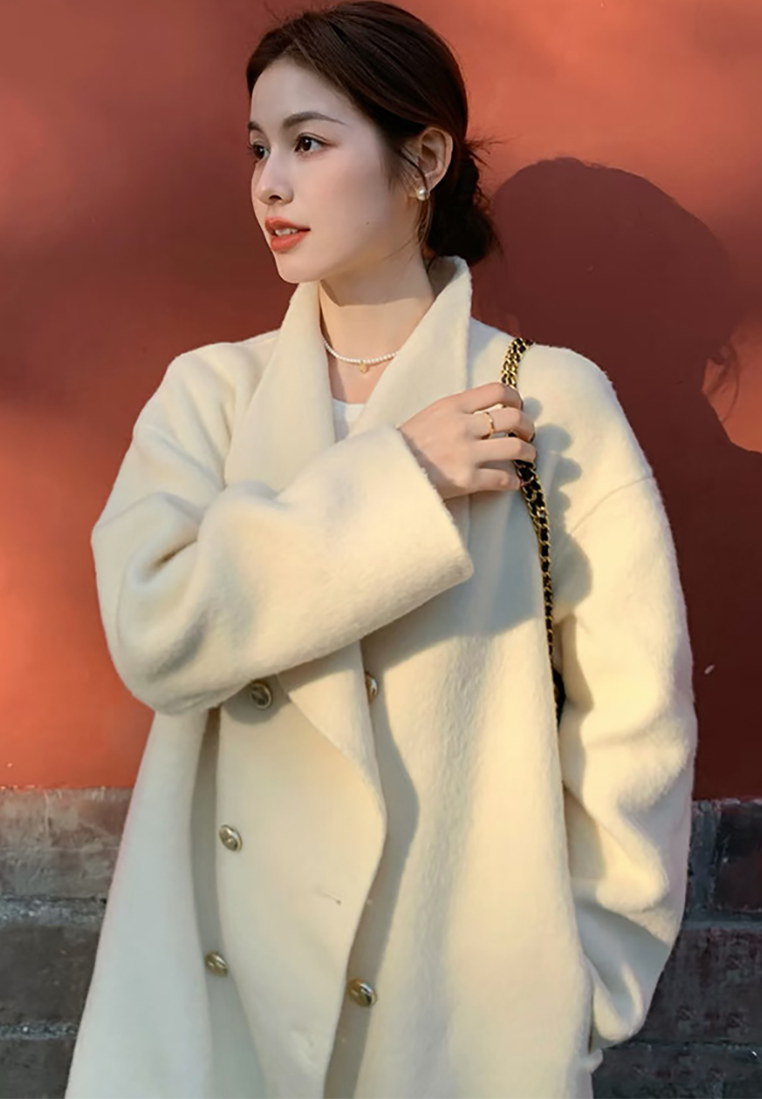 New loose-fitting double-breasted double-faced wool coat CA25102433GY