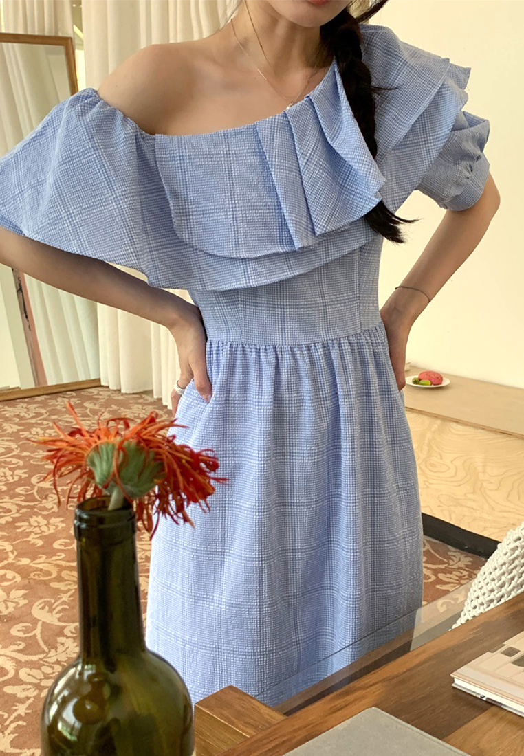 2024 Checkered Diagonal Shoulder Waist Dress CA24041033BL