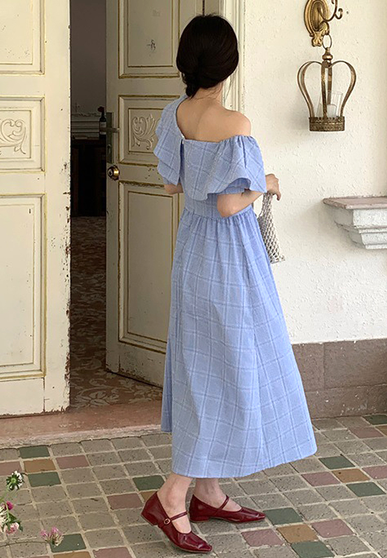 2024 Checkered Diagonal Shoulder Waist Dress CA24041033BL