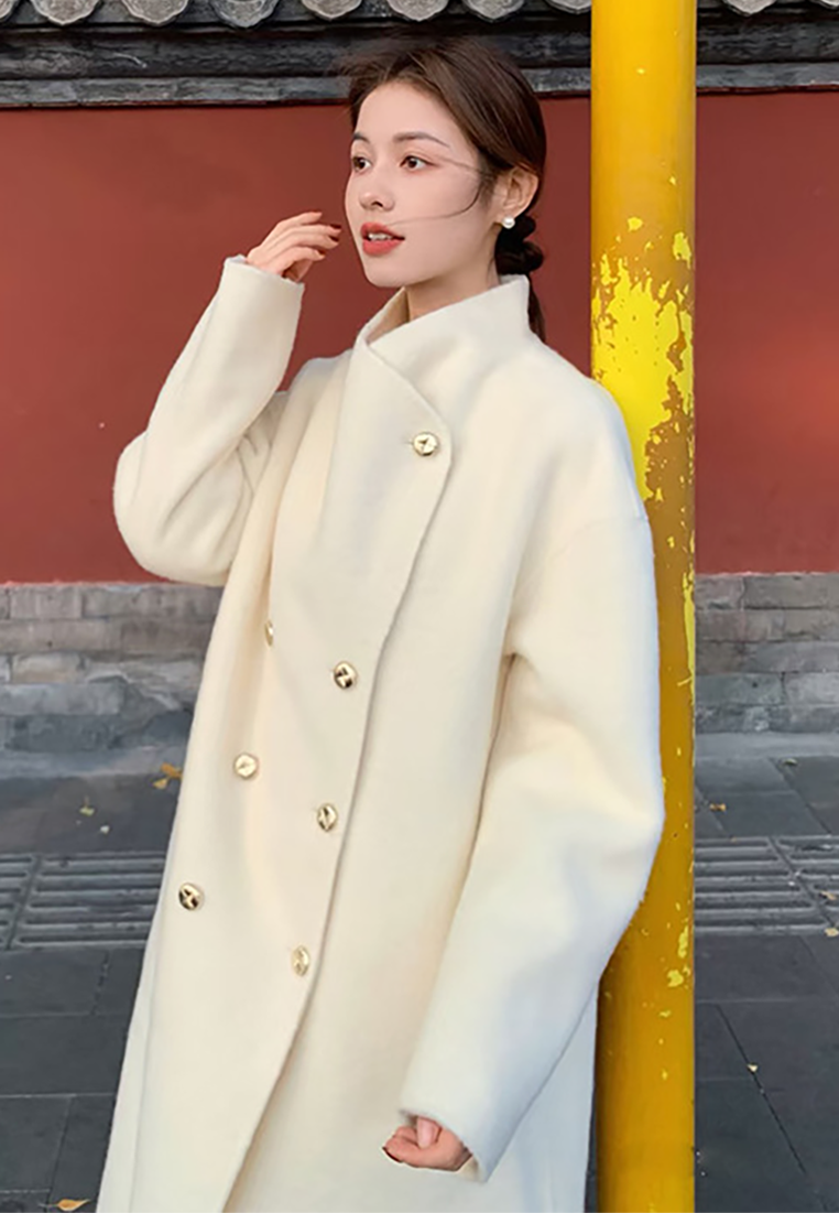 New loose-fitting double-breasted double-faced wool coat CA25102433GY