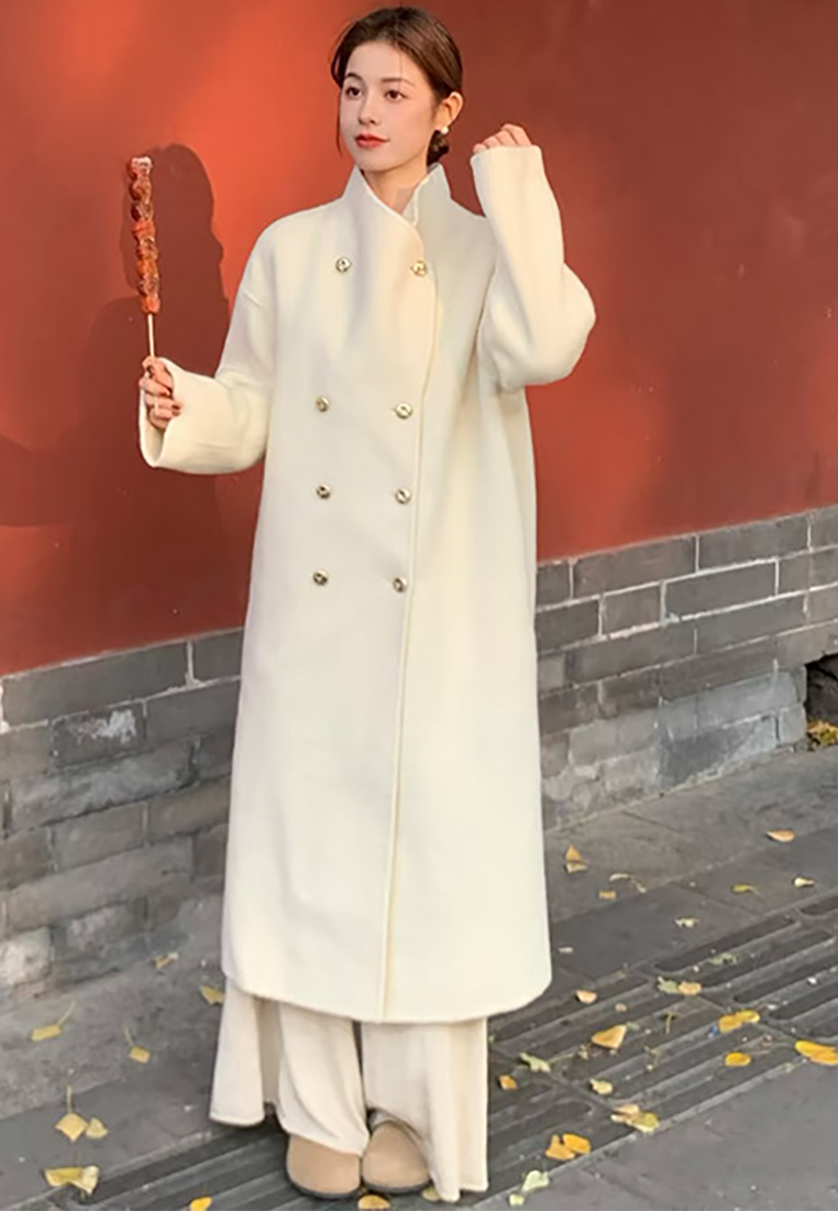 New loose-fitting double-breasted double-faced wool coat CA25102433GY