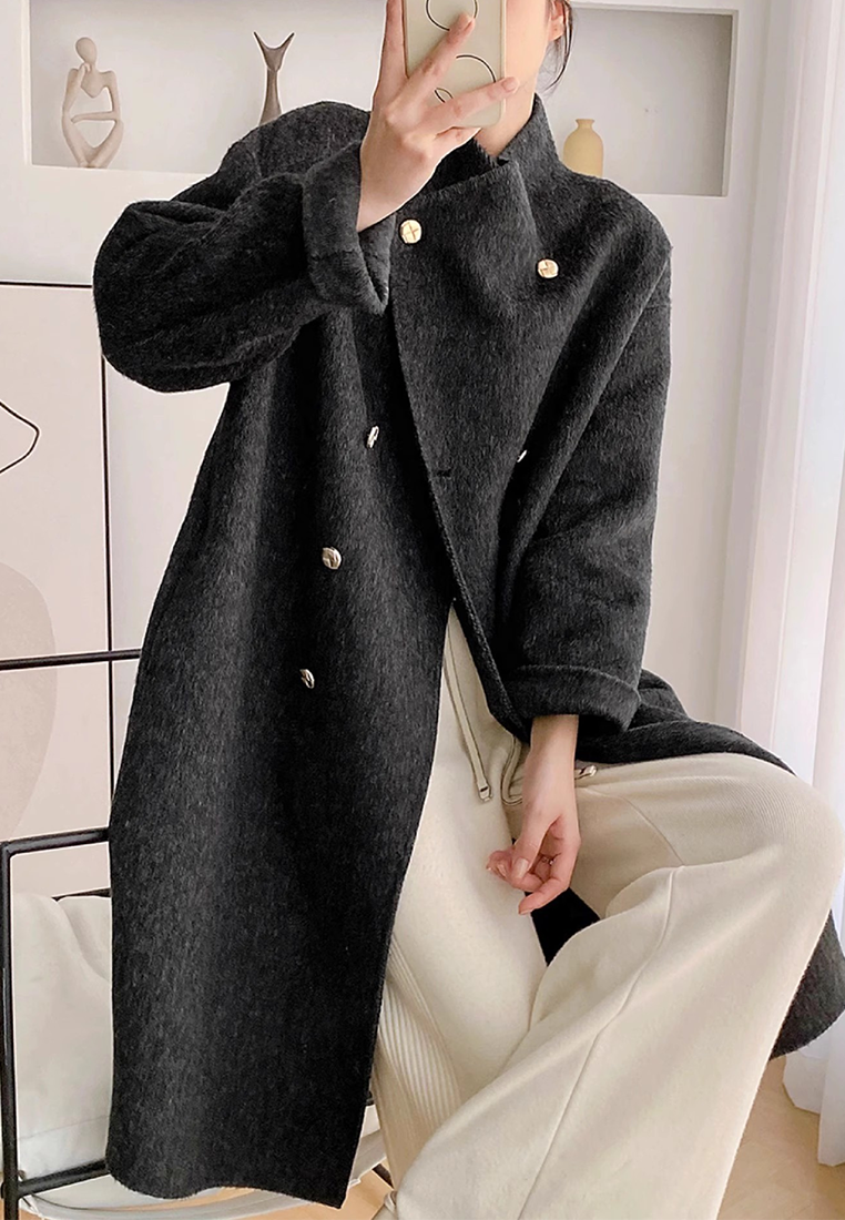 New loose-fitting double-breasted double-faced wool coat CA25102433GY