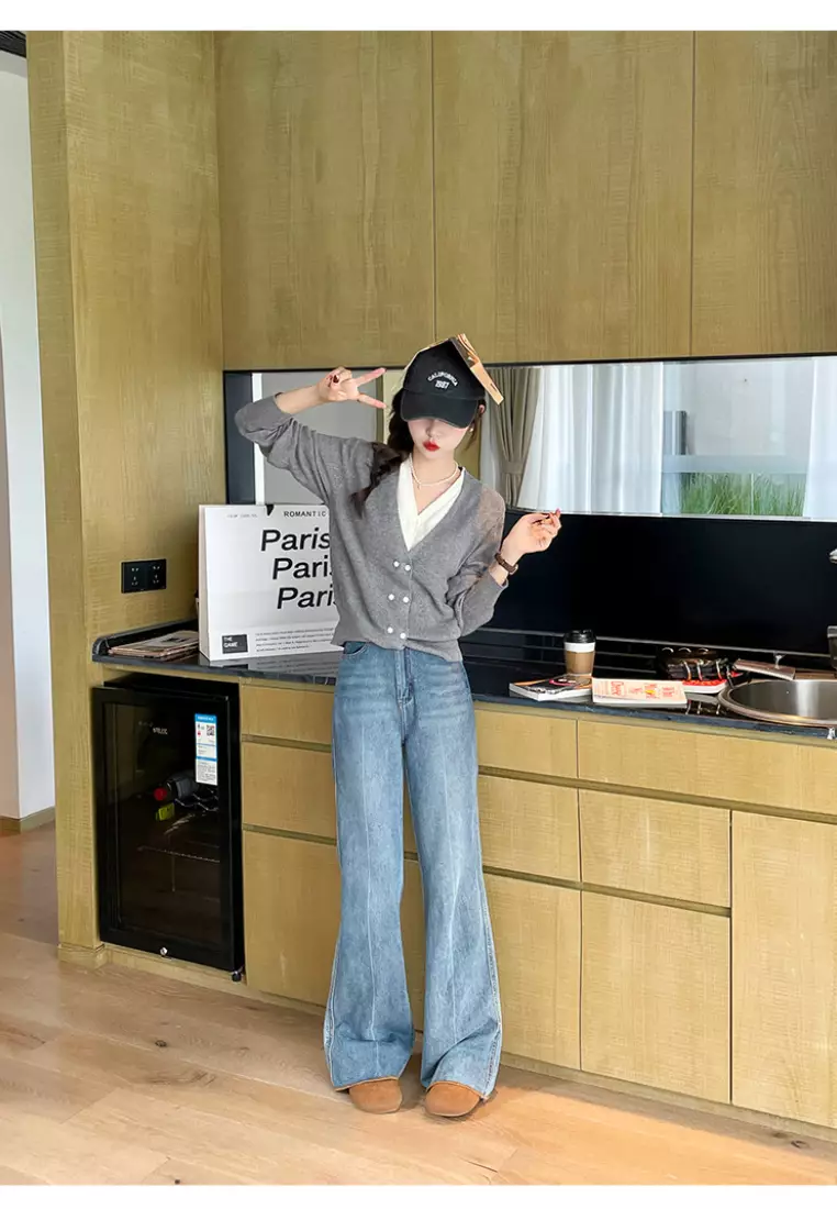 Temperament new color block V-neck knitted fake two-piece top K112505GY