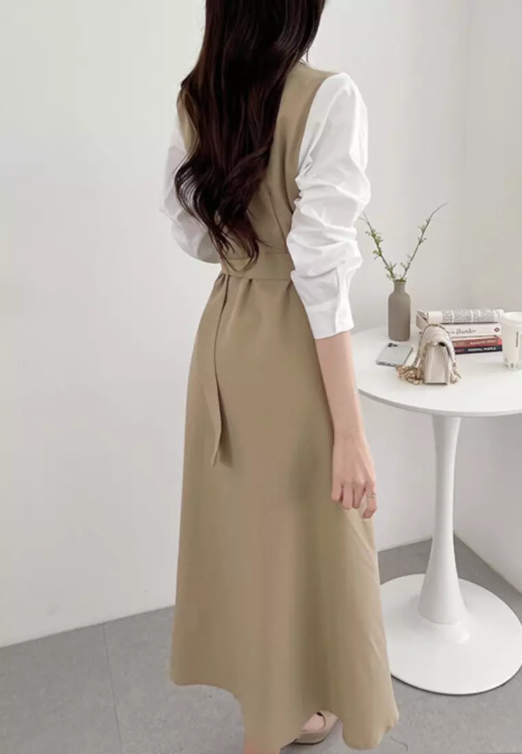 New elegant single-breasted contrasting color splicing shirt long-sleeved dress K103102BE