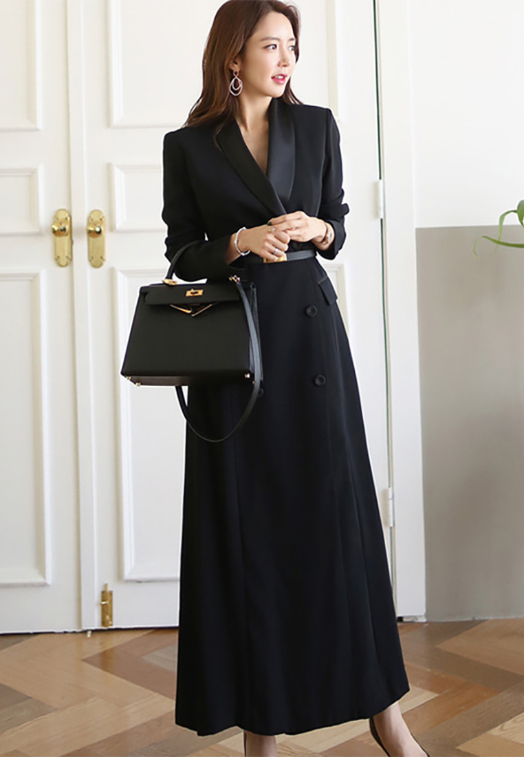 A/W New Professional Notched Lapel Double-Breasted Long Blazer CA25091534BK