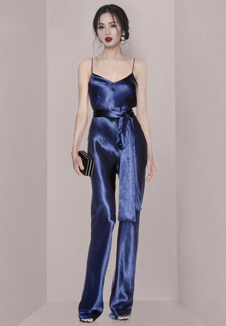 Satin blue suspender temperament jumpsuit A021934
