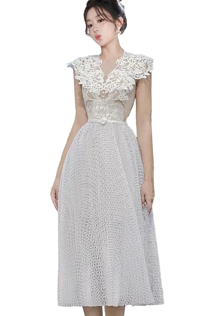 2024 new pleated mesh style lace dress with waistband closure CA4021934W