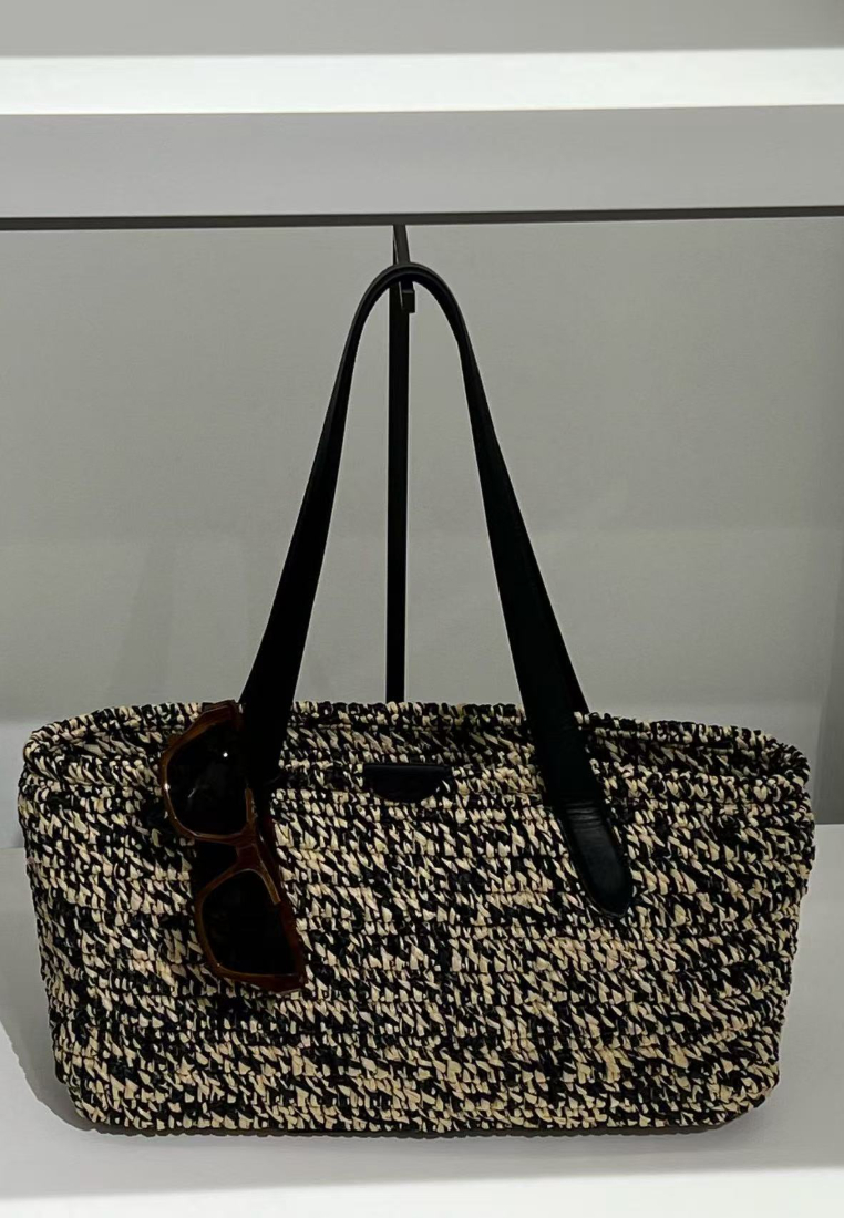 Retro Marled Straw Tote Bag with Leather Straps K26051911