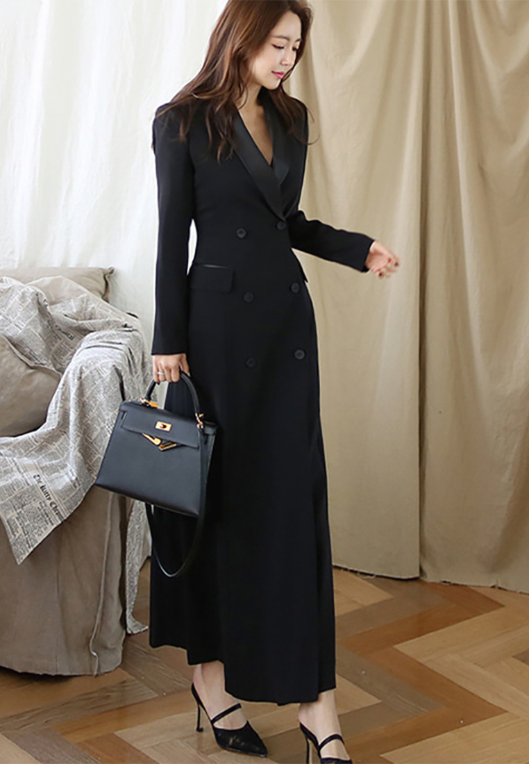 A/W New Professional Notched Lapel Double-Breasted Long Blazer CA25091534BK