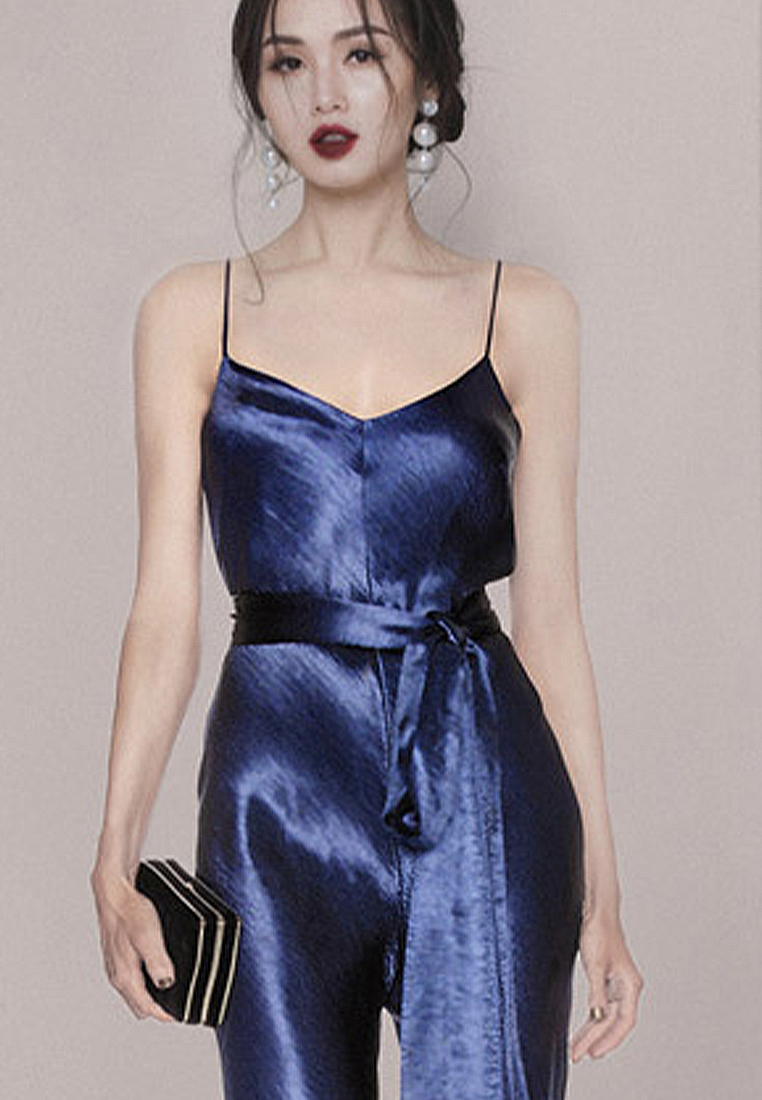 Satin blue suspender temperament jumpsuit A021934