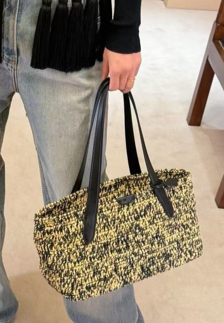 Retro Marled Straw Tote Bag with Leather Straps K26051911