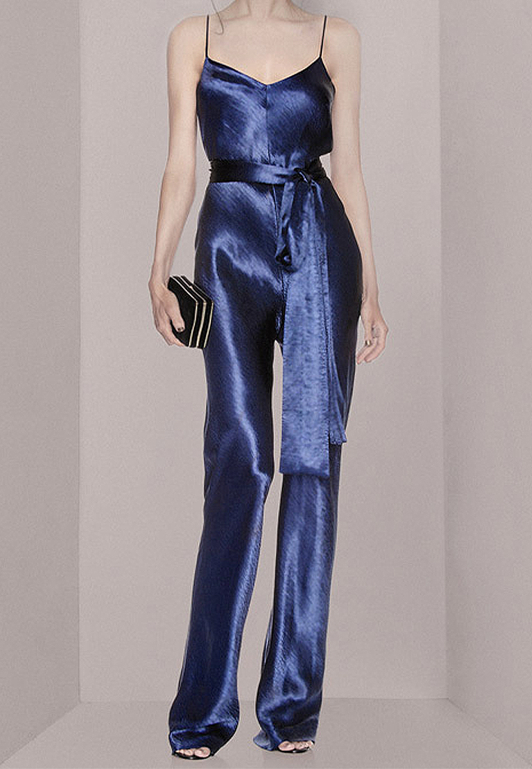 Satin blue suspender temperament jumpsuit A021934