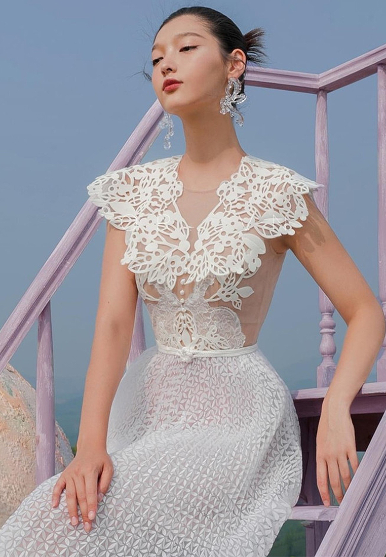 2024 new pleated mesh style lace dress with waistband closure CA4021934W