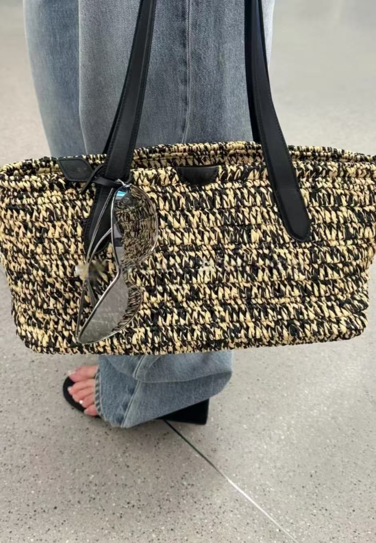 Retro Marled Straw Tote Bag with Leather Straps K26051911