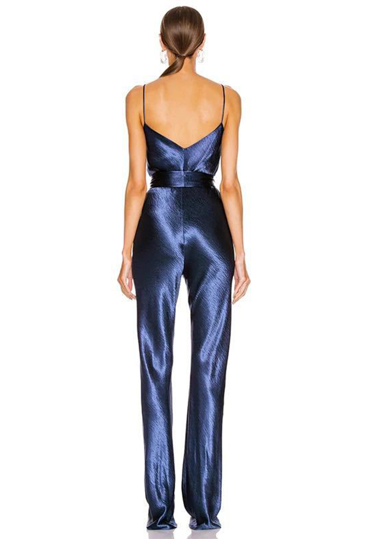 Satin blue suspender temperament jumpsuit A021934