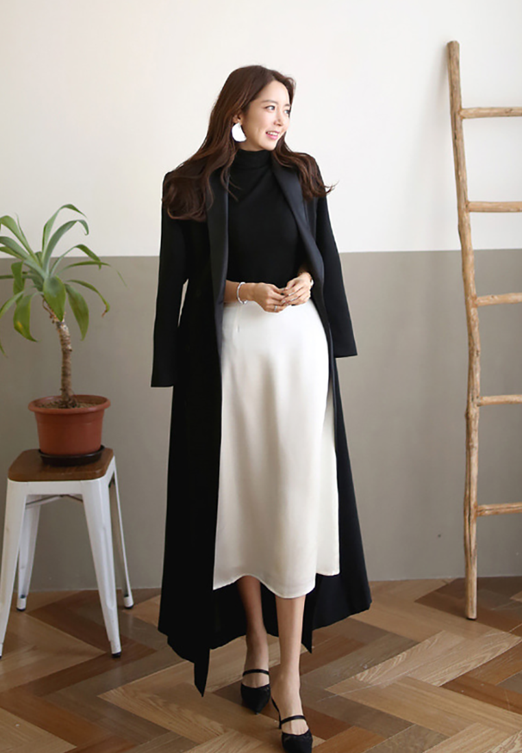 A/W New Professional Notched Lapel Double-Breasted Long Blazer CA25091534BK