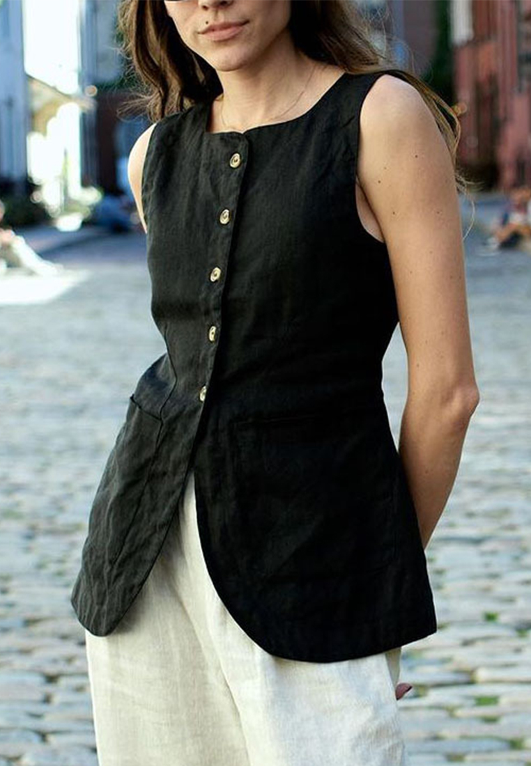 Summer pure cotton square neck sleeveless casual top CA25042234BK