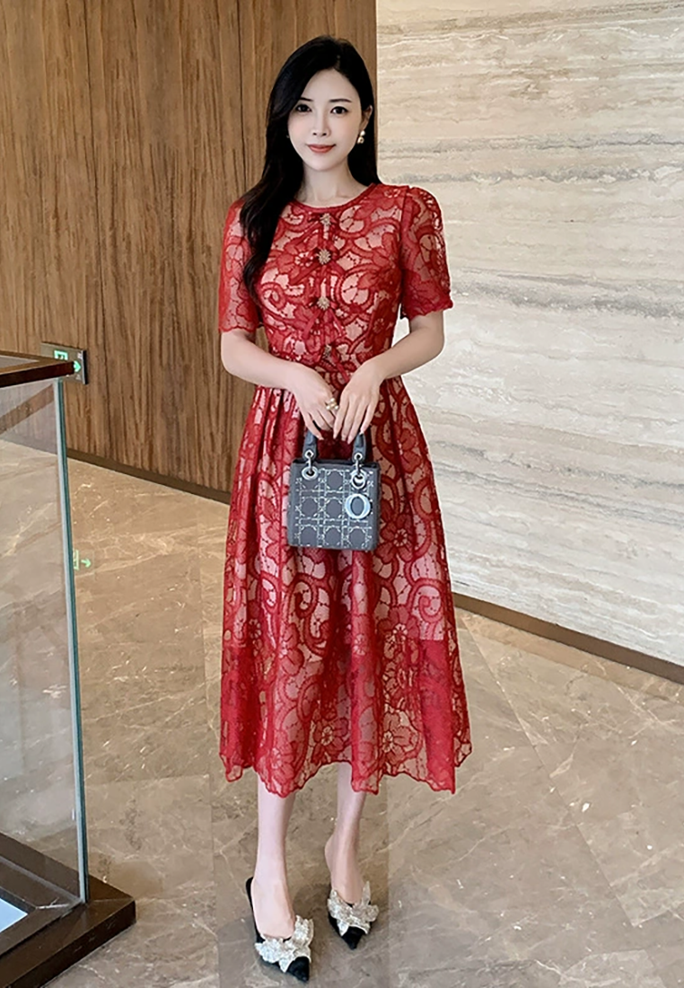 French round neck puff sleeve lace waisted long skirt CA25021334RD