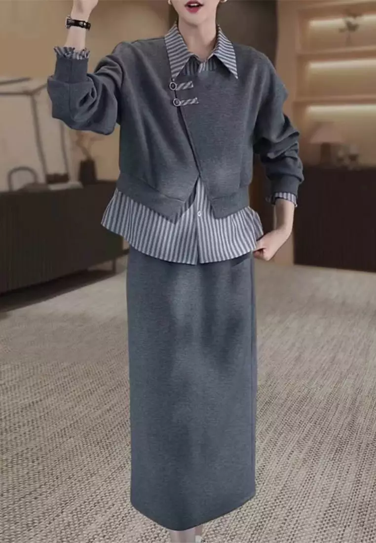 Casual Fashion Coat Half Skirt Set CA24092704GY