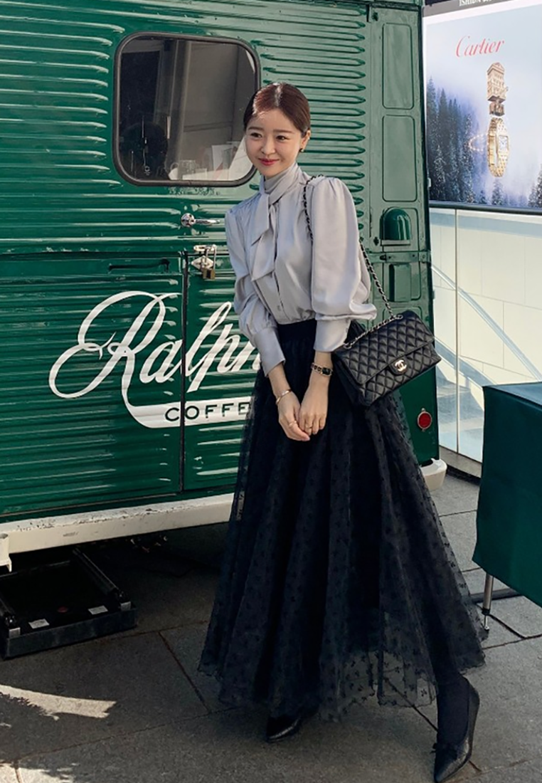 Spring printed high waist mesh long skirt CA25021333BK