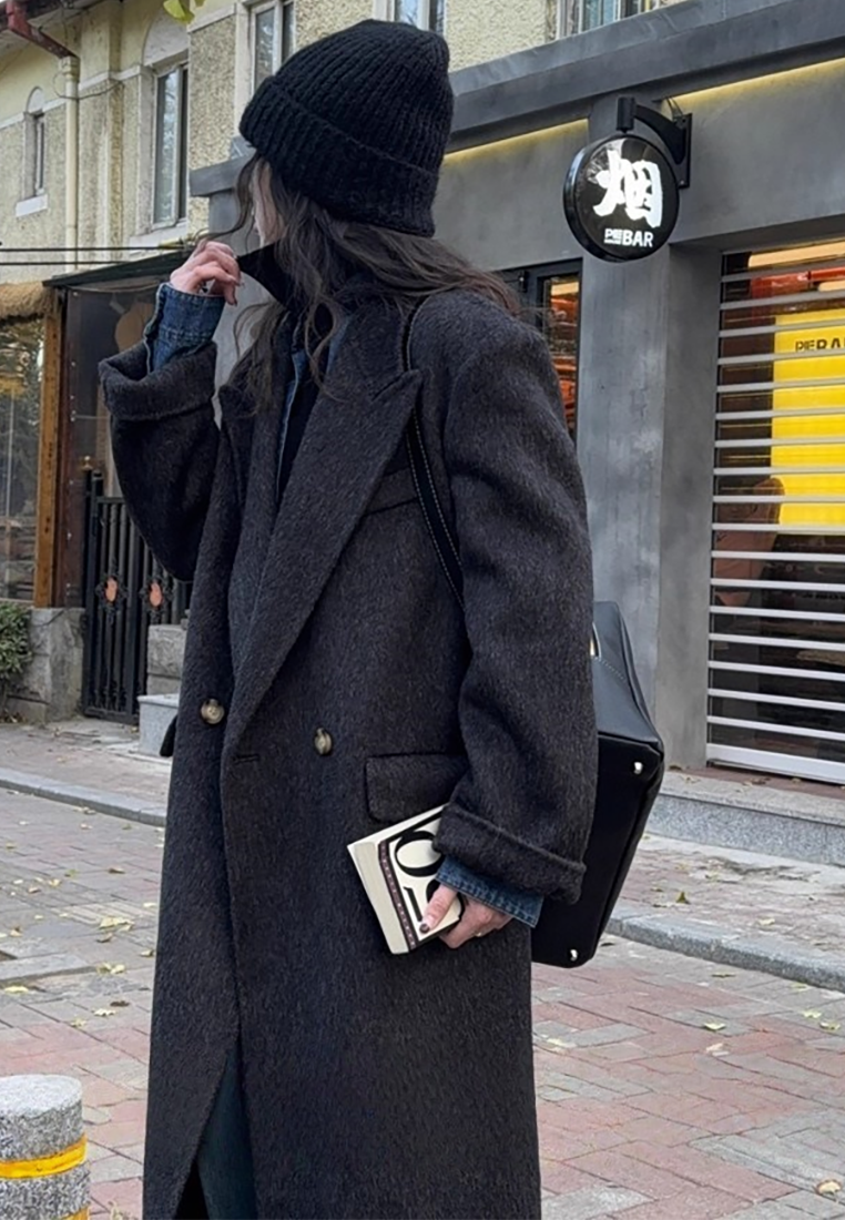 Autumn/Winter Double-Sided Cashmere Suit Collar Wool Long Coat CA25102435BK