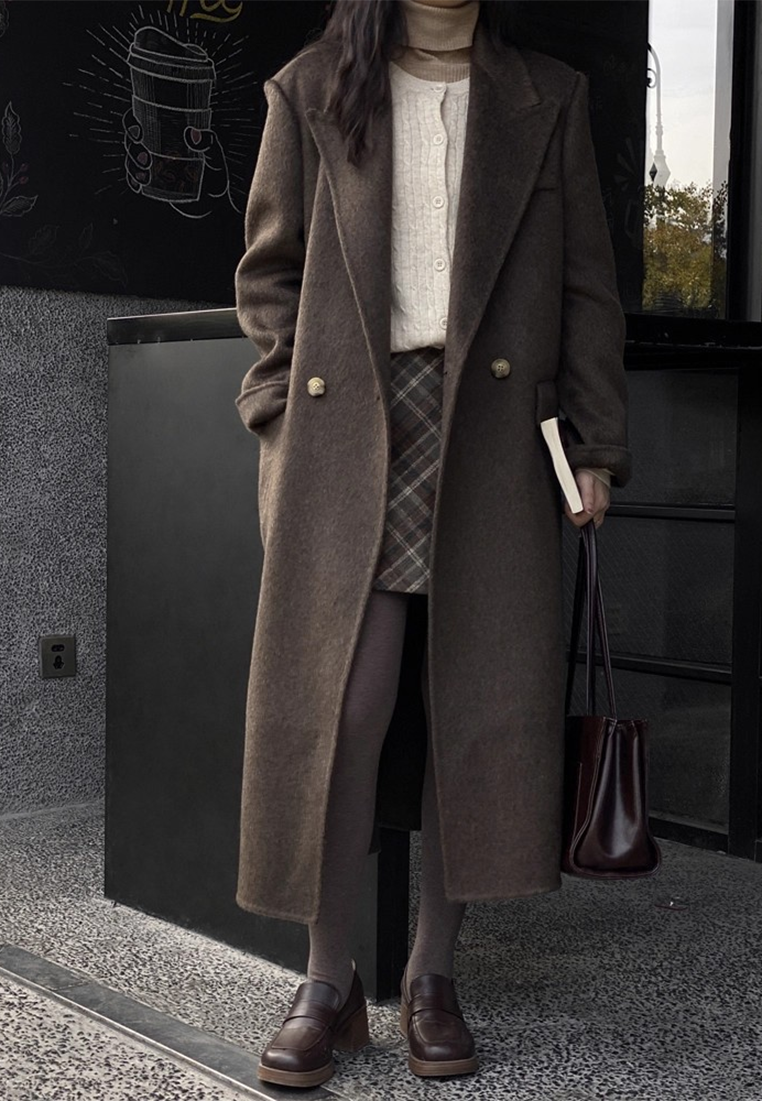 Autumn/Winter Double-Sided Cashmere Suit Collar Wool Long Coat CA25102435BK