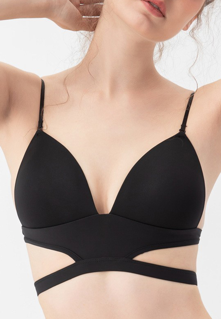 Simple and Elegant U-shaped Backless Glossy Non-wired Halter Triangle Cup Bra CA23050435BK